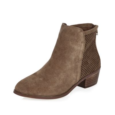 Beige perforated faux suede ankle boots